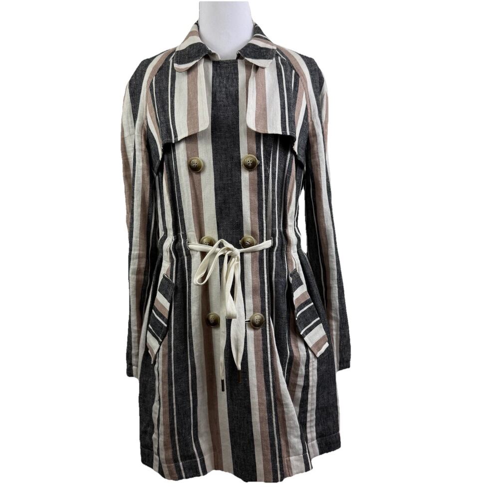 Loft Striped Linen Cotton Double Breasted Trench Coat Small Petite Tie Waist